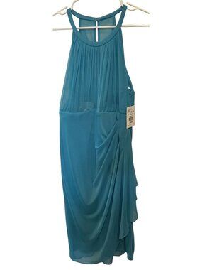 NWT Davids Bridal Malibu Blue Short Sleeveless Illusion Chiffon Dress Sz 16
